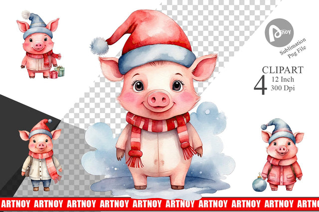 Clipart Watercolor Christmas Pig Sublimation artnoy 