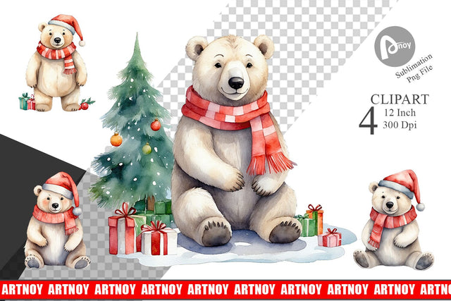 Clipart Watercolor Christmas Polar Bear Sublimation artnoy 