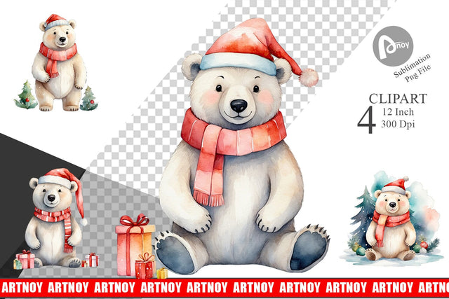 Clipart Watercolor Christmas Polar Bear Sublimation artnoy 