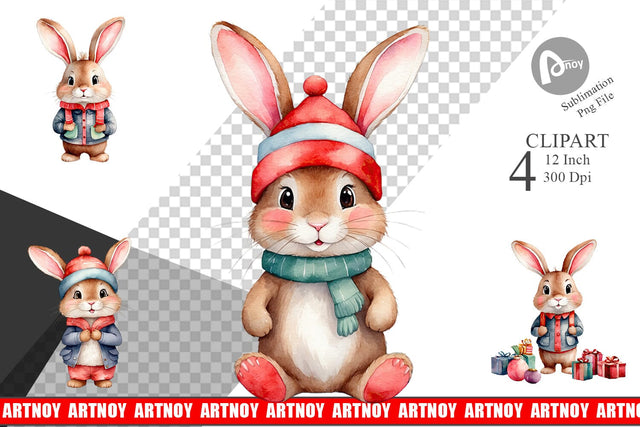Clipart Watercolor Christmas Rabbit Sublimation artnoy 
