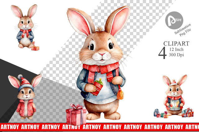 Clipart Watercolor Christmas Rabbit Sublimation artnoy 