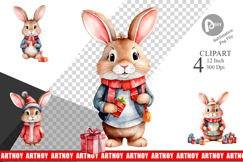Clipart Watercolor Christmas Rabbit Sublimation artnoy 