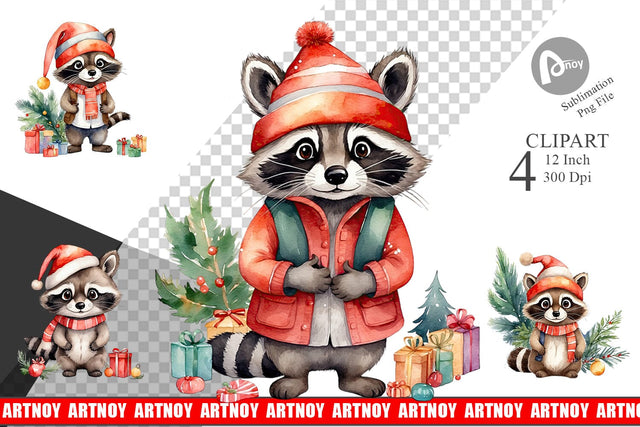 Clipart Watercolor Christmas Raccoon Sublimation artnoy 