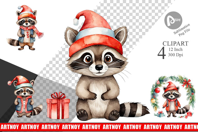 Clipart Watercolor Christmas Raccoon Sublimation artnoy 