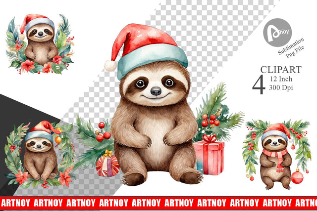 Clipart Watercolor Christmas Sloth Sublimation artnoy 