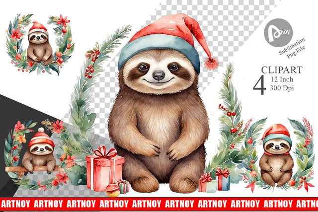 Clipart Watercolor Christmas Sloth Sublimation artnoy 