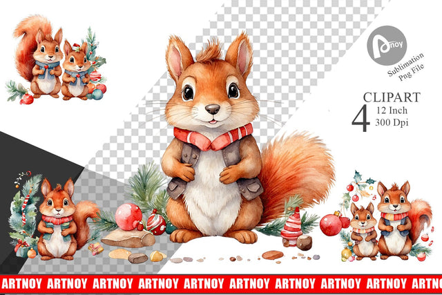 Clipart Watercolor Christmas Squirrel Sublimation artnoy 