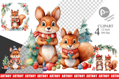 Clipart Watercolor Christmas Squirrel Sublimation artnoy 