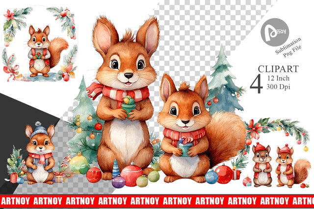 Clipart Watercolor Christmas Squirrel Sublimation artnoy 