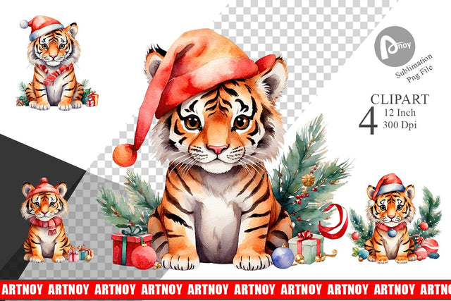 Clipart Watercolor Christmas Tiger Sublimation artnoy 