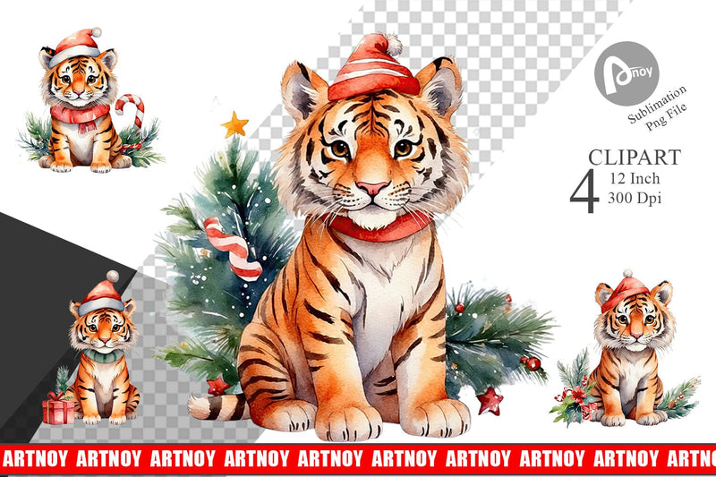 Clipart Watercolor Christmas Tiger Sublimation artnoy 
