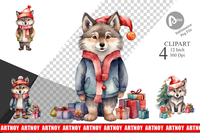 Clipart Watercolor Christmas Wolf Sublimation artnoy 