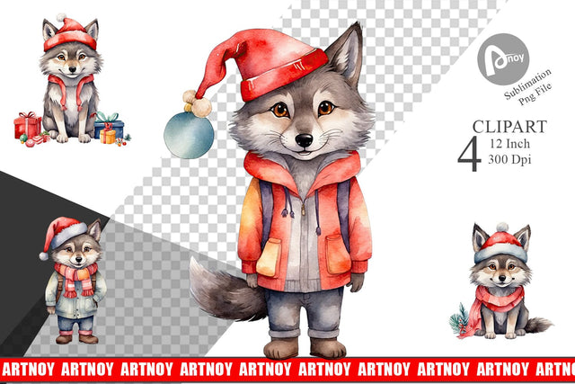Clipart Watercolor Christmas Wolf Sublimation artnoy 