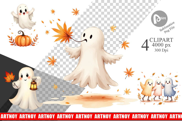 Clipart Watercolor Ghost Autumn Leaves Sublimation artnoy 