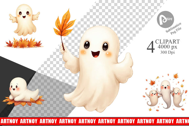 Clipart Watercolor Ghost Autumn Leaves Sublimation artnoy 