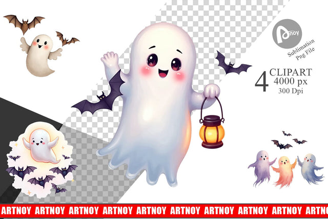 Clipart Watercolor Ghost Bat Friends Sublimation artnoy 