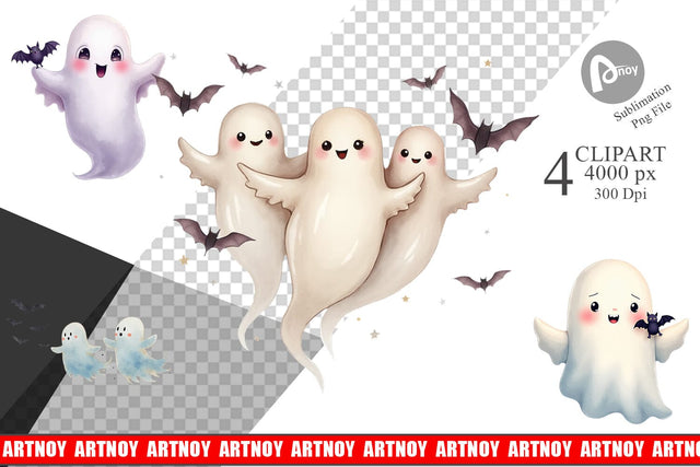 Clipart Watercolor Ghost Bat Friends Sublimation artnoy 