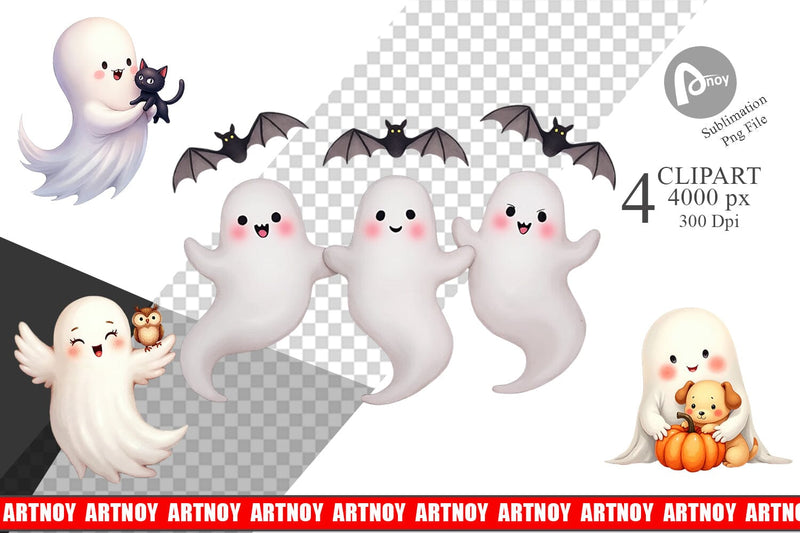 Clipart Watercolor Ghost Halloween Pets Sublimation artnoy 