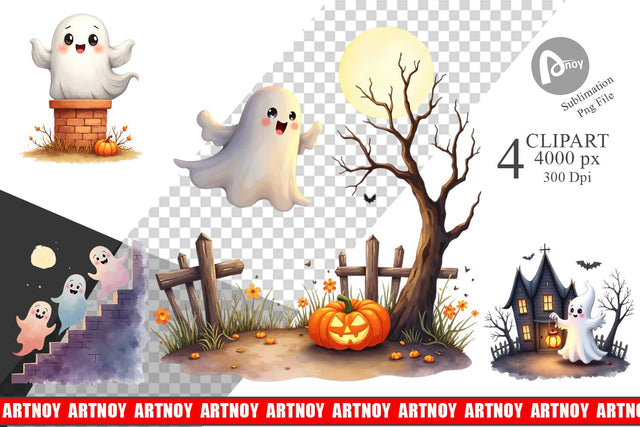Clipart Watercolor Ghost Haunted House Sublimation artnoy 
