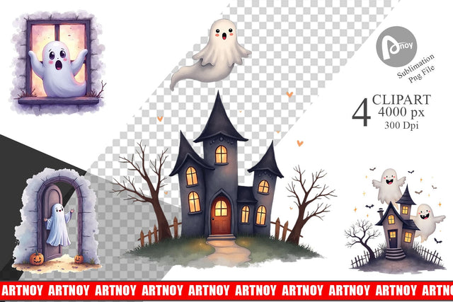 Clipart Watercolor Ghost Haunted House Sublimation artnoy 
