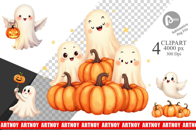 Clipart Watercolor Ghost Pumpkin Friends Sublimation artnoy 