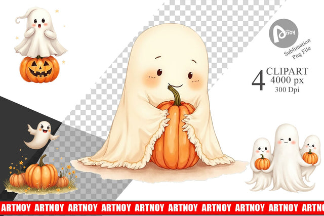 Clipart Watercolor Ghost Pumpkin Friends Sublimation artnoy 