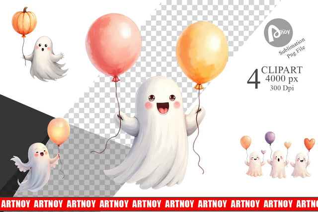 Clipart Watercolor Ghost Spooky Balloons Sublimation artnoy 