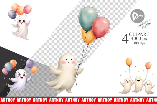 Clipart Watercolor Ghost Spooky Balloons Sublimation artnoy 