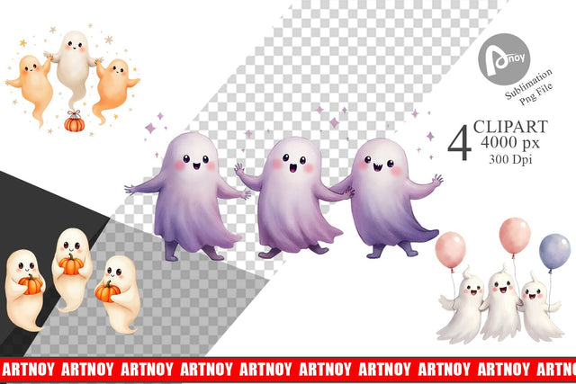 Clipart Watercolor Ghost Trio Sublimation artnoy 
