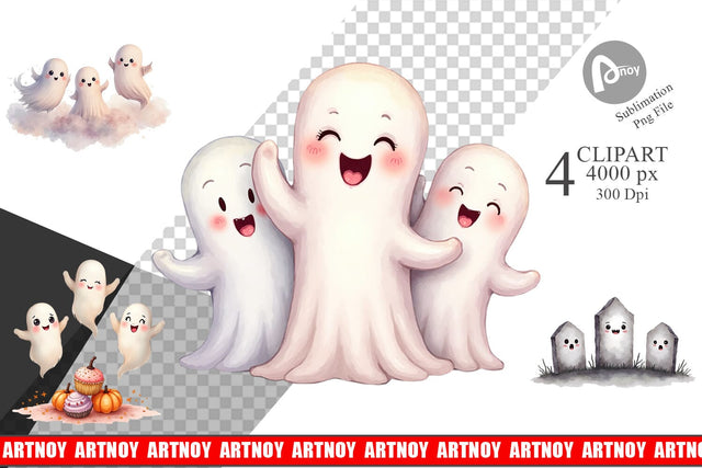 Clipart Watercolor Ghost Trio Sublimation artnoy 