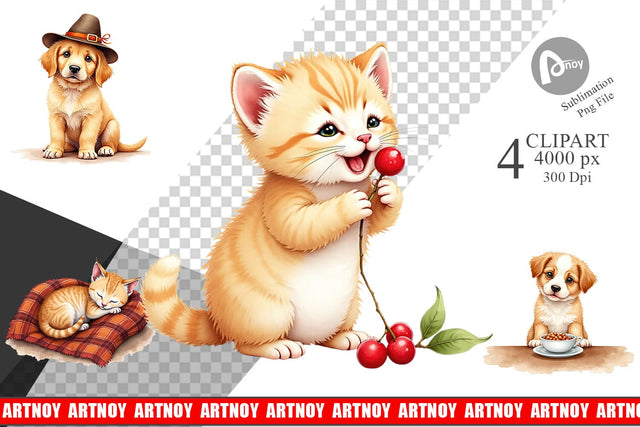 Clipart Watercolor Grateful Pups Kittens Sublimation artnoy 