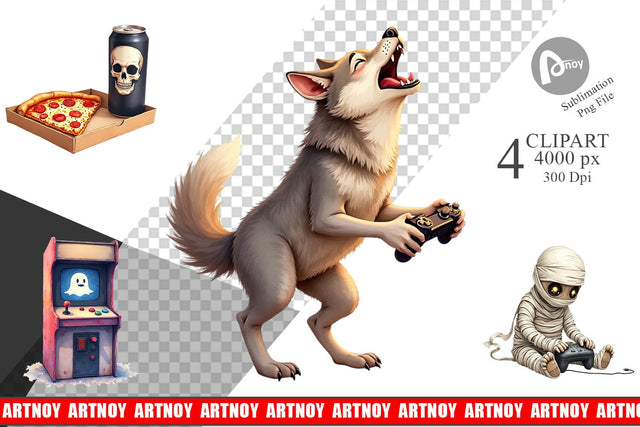 Clipart Watercolor Monster Gaming Night Sublimation artnoy 