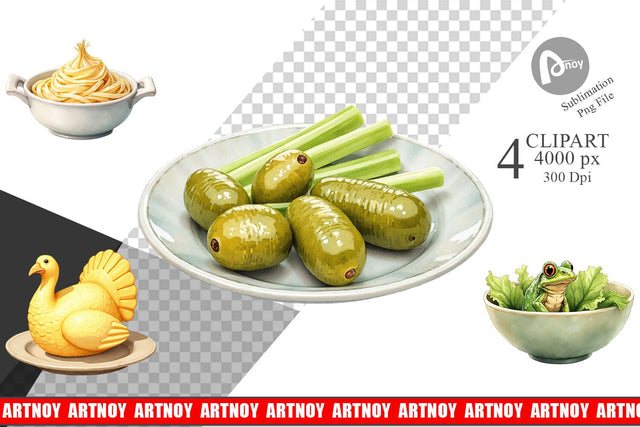 Clipart Watercolor Quirky Thanksgiving Dishes Sublimation artnoy 