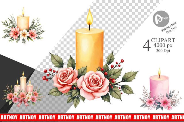 Clipart Watercolor Vintage Christmas Candles Sublimation artnoy 