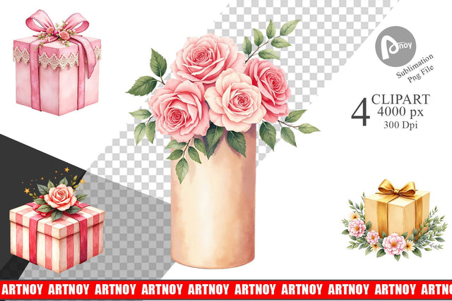 Clipart Watercolor Vintage Christmas Gifts Sublimation artnoy 