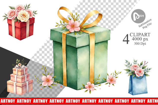 Clipart Watercolor Vintage Christmas Gifts Sublimation artnoy 