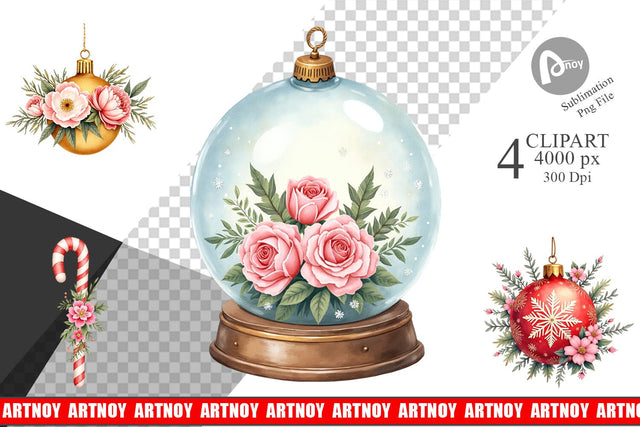Clipart Watercolor Vintage Christmas Ornaments Sublimation artnoy 
