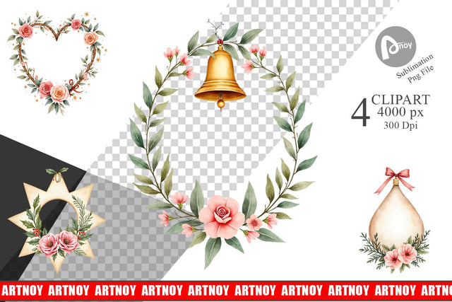 Clipart Watercolor Vintage Christmas Ornaments Sublimation artnoy 