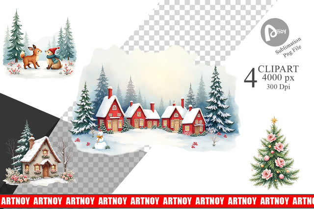 Clipart Watercolor Vintage Christmas Scenes Sublimation artnoy 