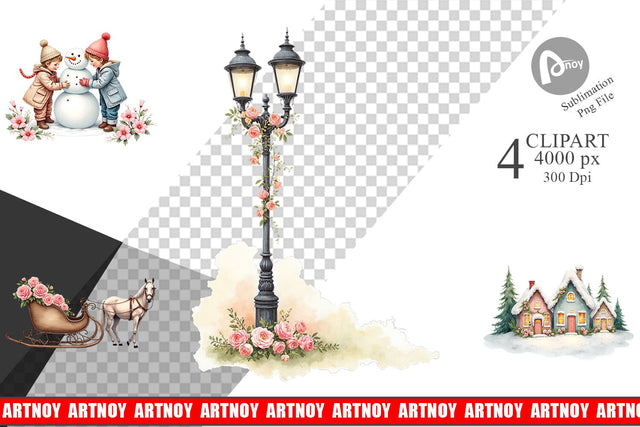 Clipart Watercolor Vintage Christmas Scenes Sublimation artnoy 