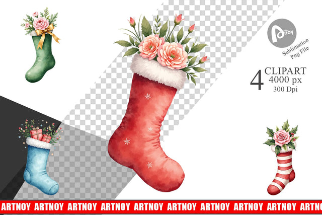 Clipart Watercolor Vintage Christmas Stockings Sublimation artnoy 