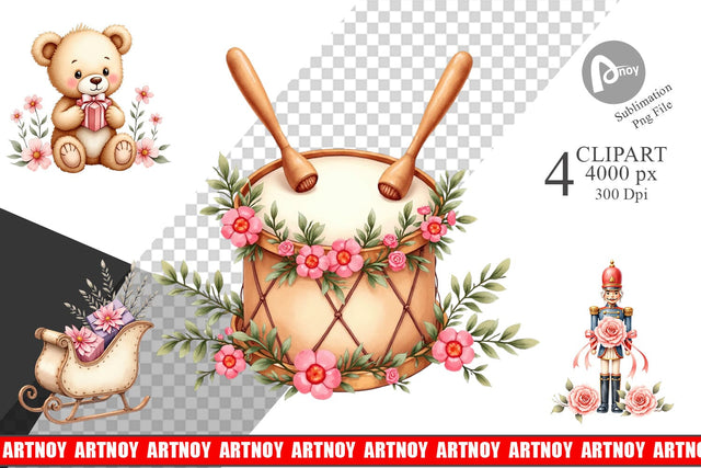 Clipart Watercolor Vintage Christmas Toys Sublimation artnoy 