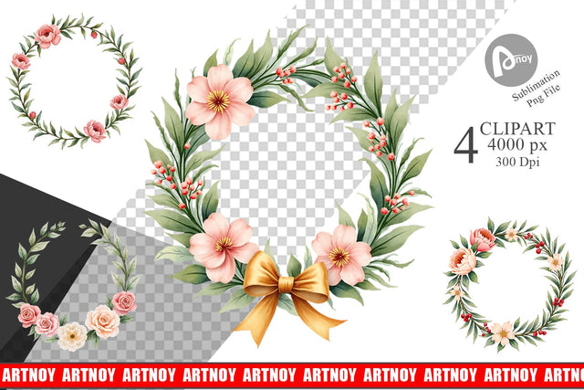 Clipart Watercolor Vintage Christmas Wreaths Sublimation artnoy 
