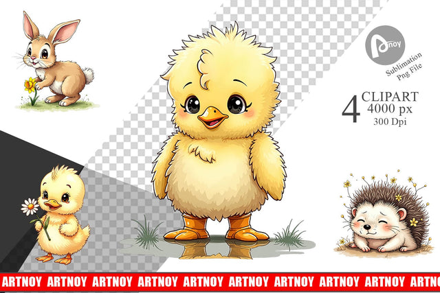 Clipart Whimsical Spring Critters Sketch & Watercolor Sublimation artnoy 