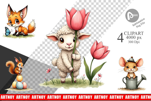 Clipart Whimsical Spring Critters Sketch & Watercolor Sublimation artnoy 