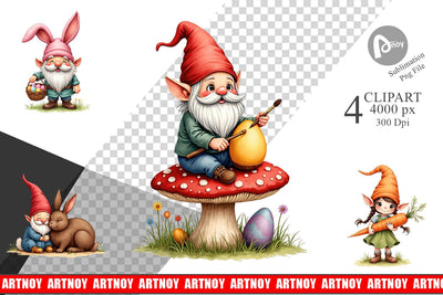 Clipart Whimsical Spring Garden Gnomes Easter Sublimation artnoy 