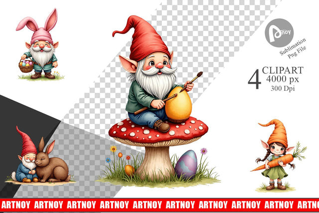 Clipart Whimsical Spring Garden Gnomes Easter Sublimation artnoy 