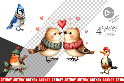 Clipart Whimsical Winter Birds Watercolor Sublimation artnoy 