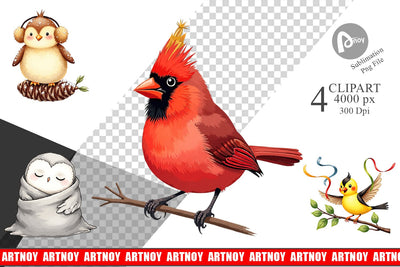 Clipart Whimsical Winter Birds Watercolor Sublimation artnoy 