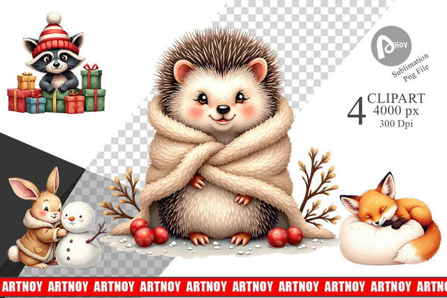 Clipart Whimsical Winter Forest Friends Watercolor Sublimation artnoy 